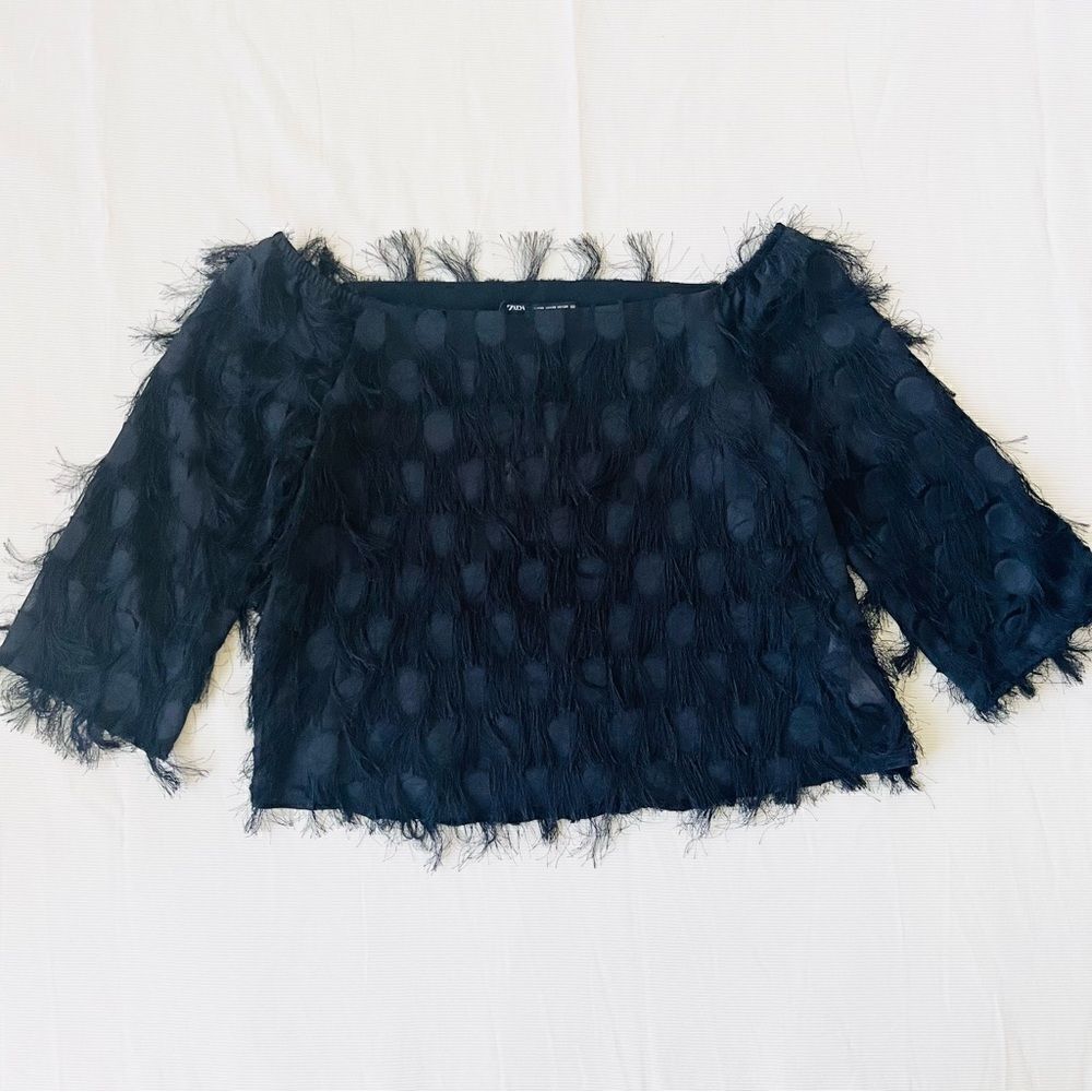 Zara Womens Top Fringe Polka Dot Fashion Semi Sheer Boat Off Shoulder Sleeve XS